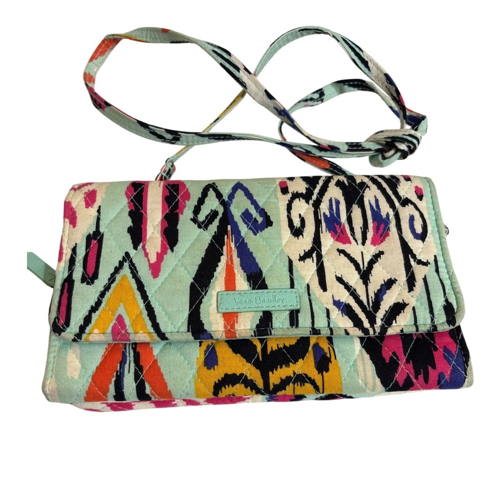 Vera Bradley Rio All In One Crossbody Wallet Quilted Cotton Ikat Mint Pink Bag